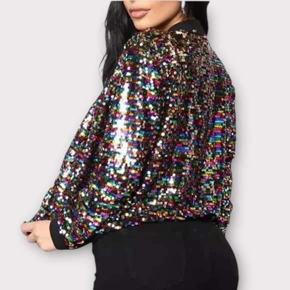 CRESAY Multi Colored Sequined Bomber Jacket Size X-Large Black NWT Hollywood!! - Picture 10 of 14